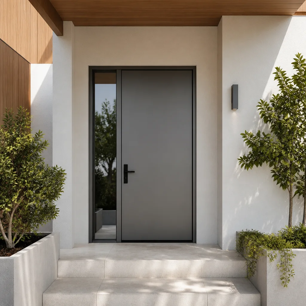 Modern grey entry door installation with side window and stone steps nationwide