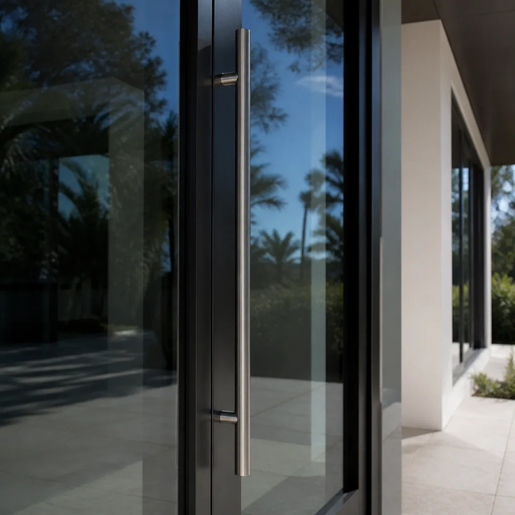 Modern glass door with sleek metal handle installed on a home. in Venice, FL