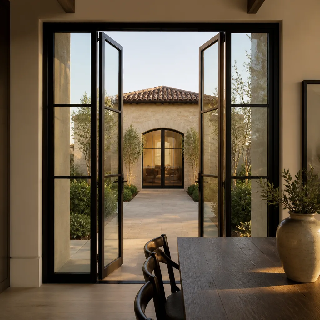 Custom black-framed French door installation in a luxury residence in Sarasota, FL