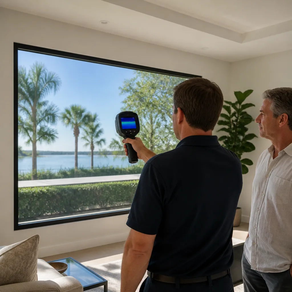 Professional technician performing energy efficiency thermal inspection on modern windows. nationwide