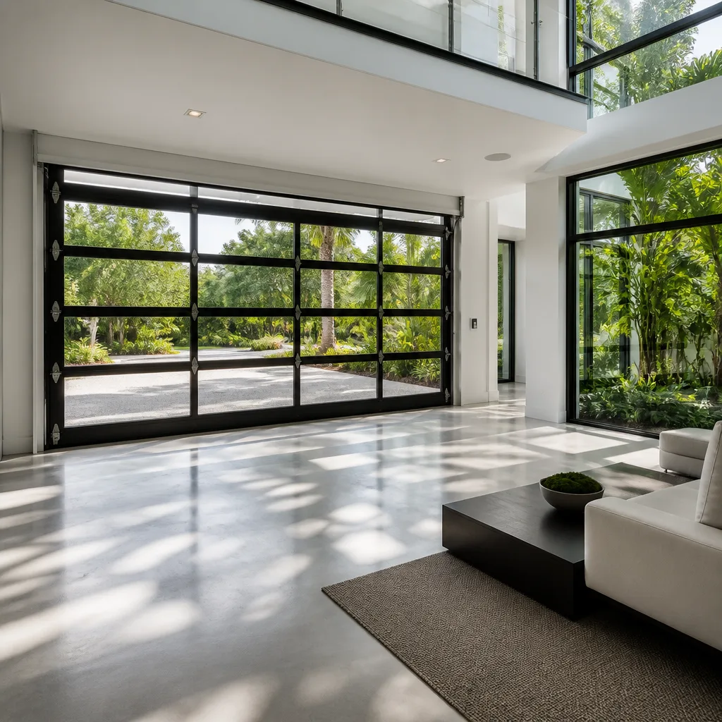 Modern residential glass impact garage doors in luxury home interior in Venice, FL