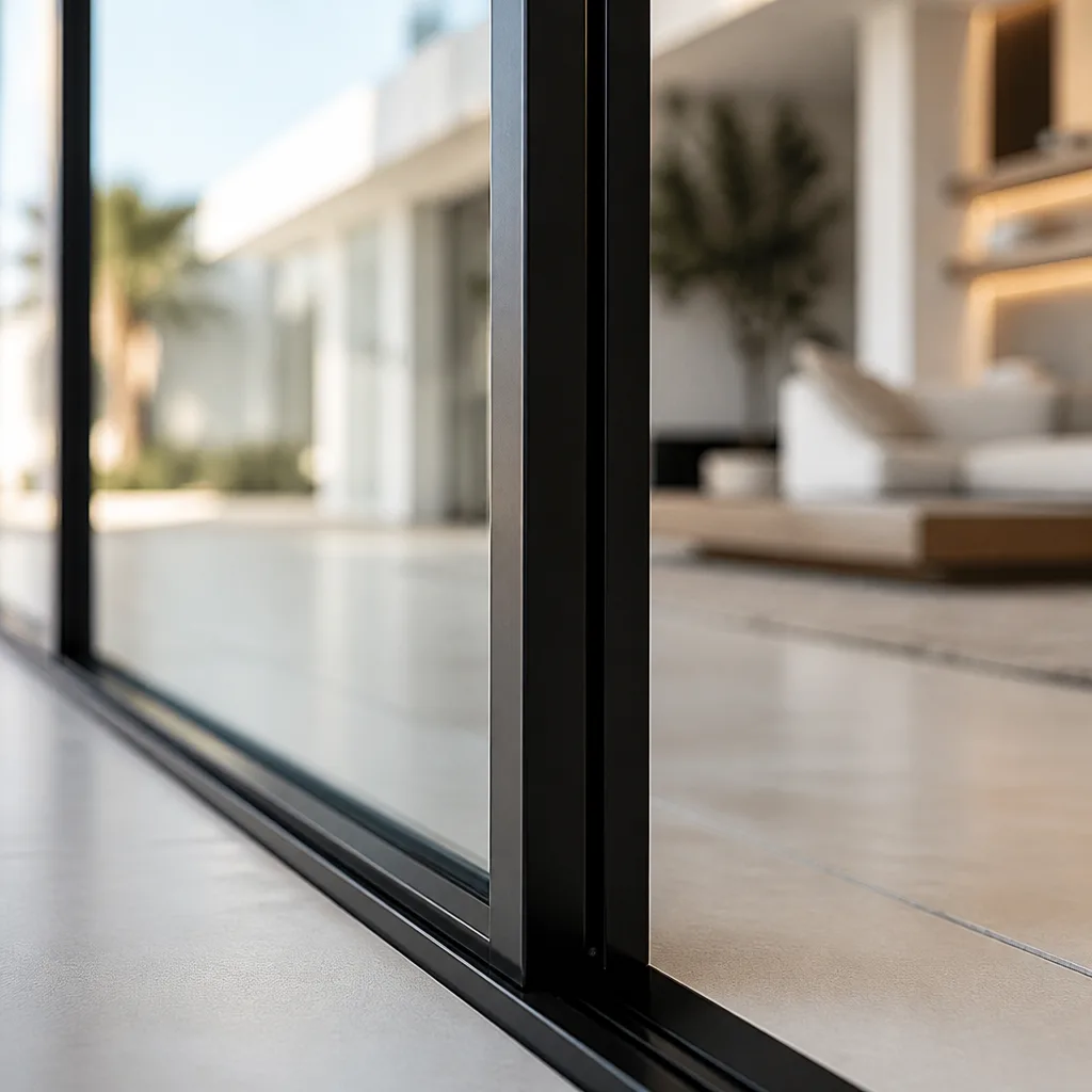 Modern black frame sliding impact windows in a luxury residence