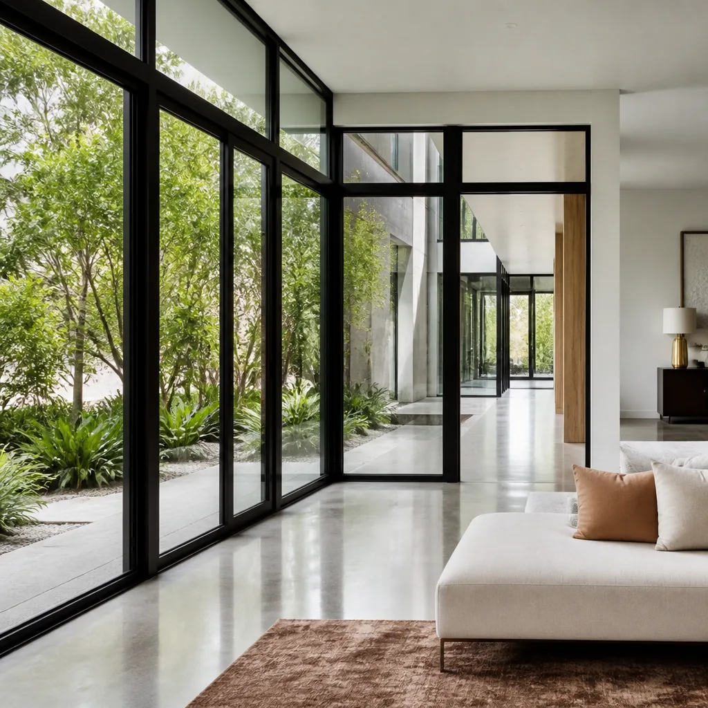 Modern home living room with expansive black-framed impact windows and glass doors
