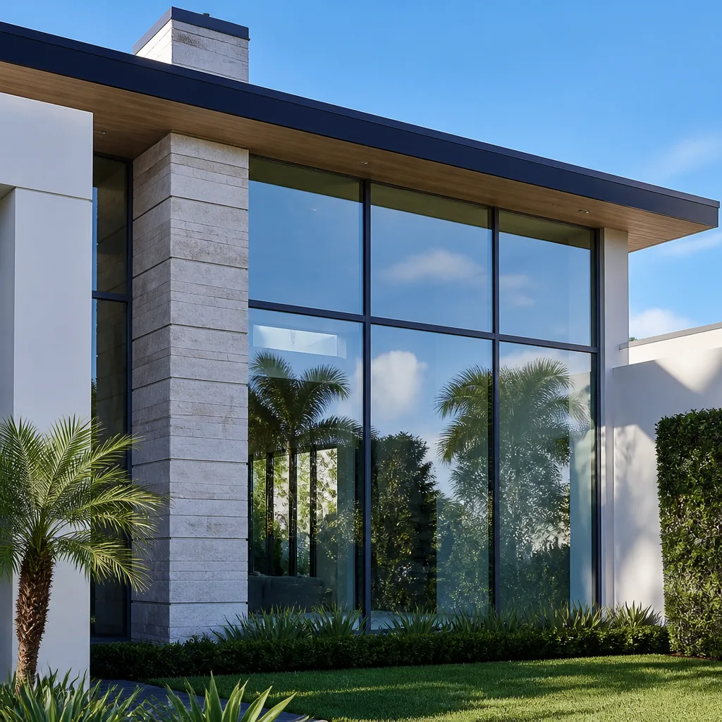 Modern luxury home exterior with large floor-to-ceiling impact windows