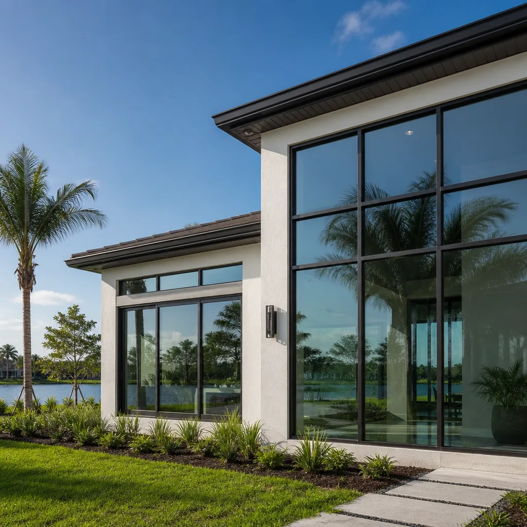 Modern residential architecture with large glass windows and sliding doors nationwide