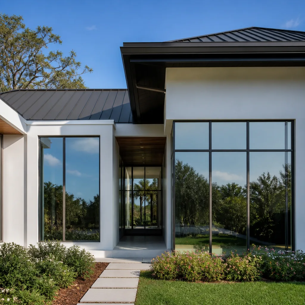Modern house with custom floor-to-ceiling windows and professional metal roofing installation nationwide