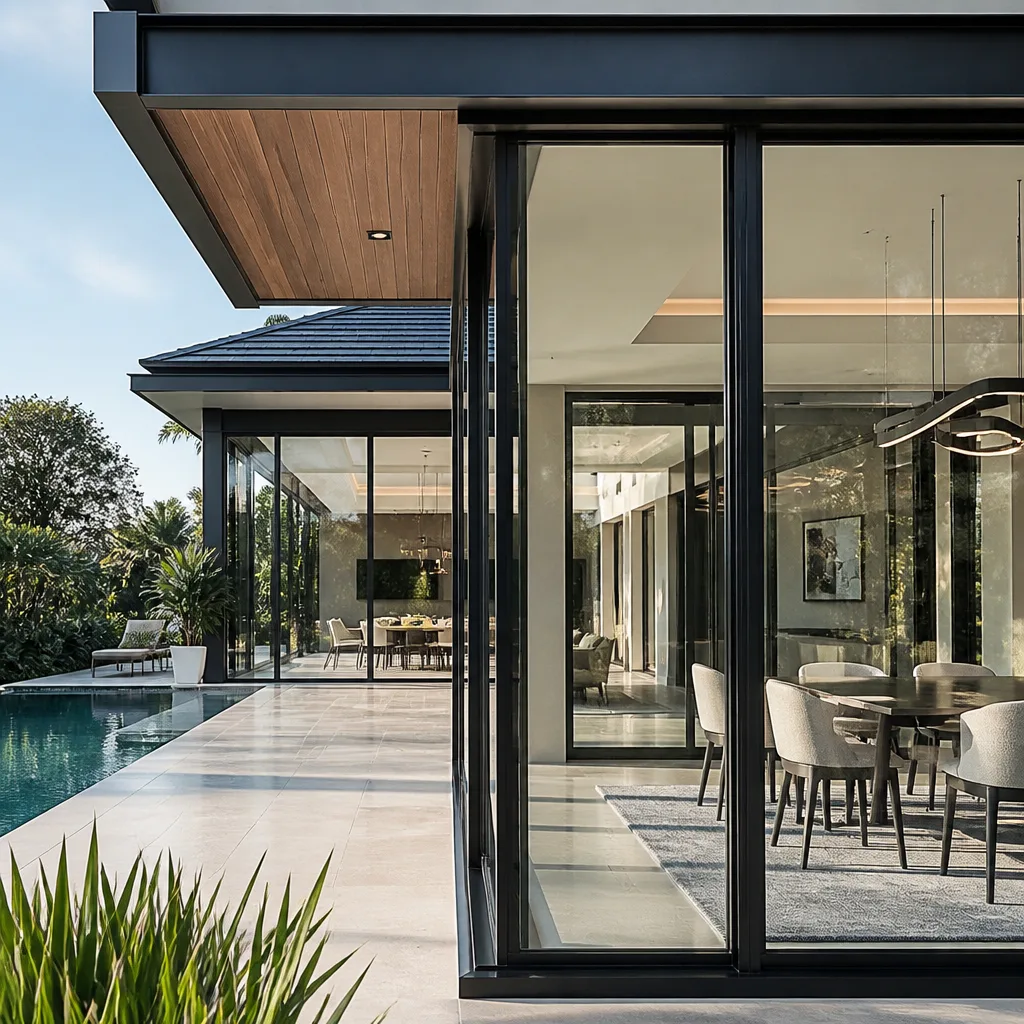 Modern home with large architectural glass windows and doors overlooking pool nationwide