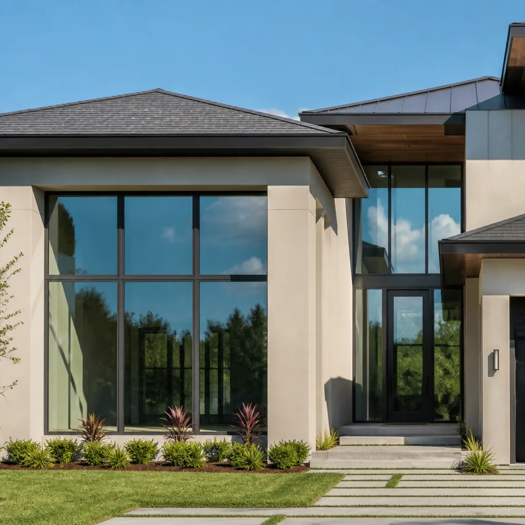 Modern home exterior with custom roofing, contemporary windows, and glass entry door nationwide