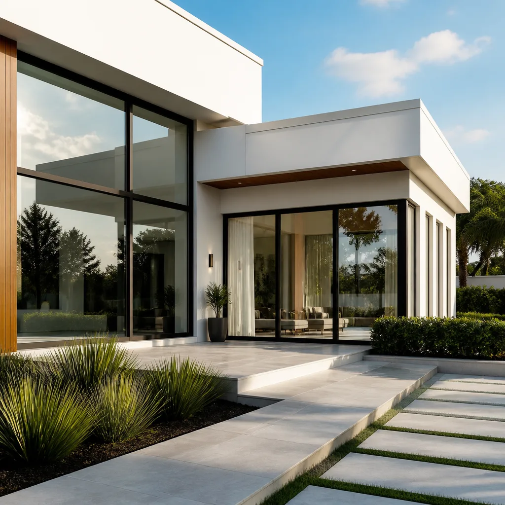 Modern luxury home with large sliding glass patio doors and outdoor patio. in Bradenton, FL