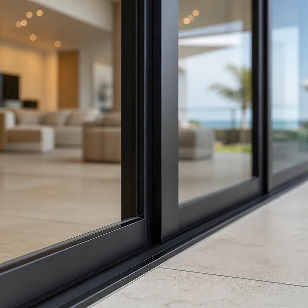 Modern black sliding glass patio doors installed in a luxury home nationwide