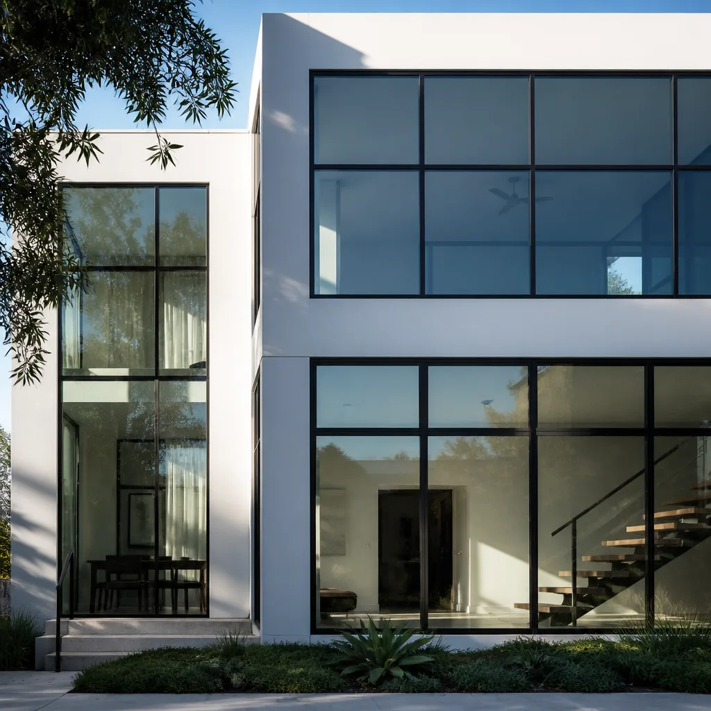 Modern home with large black frame windows and glass door installation
